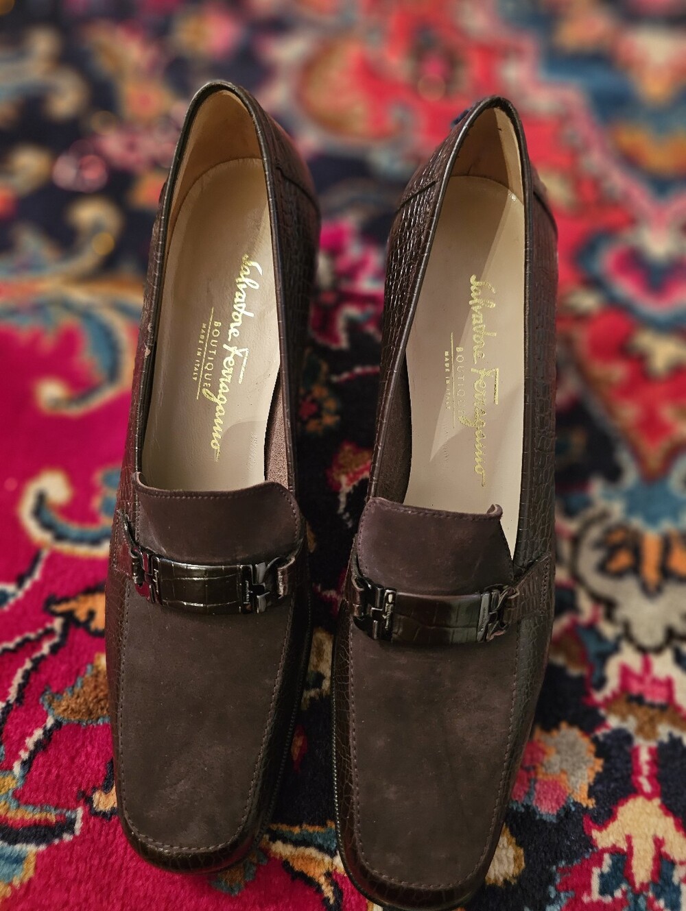Salvatore Ferragamo Brown Suede & Croc-Embossed Leather Bit Loafers